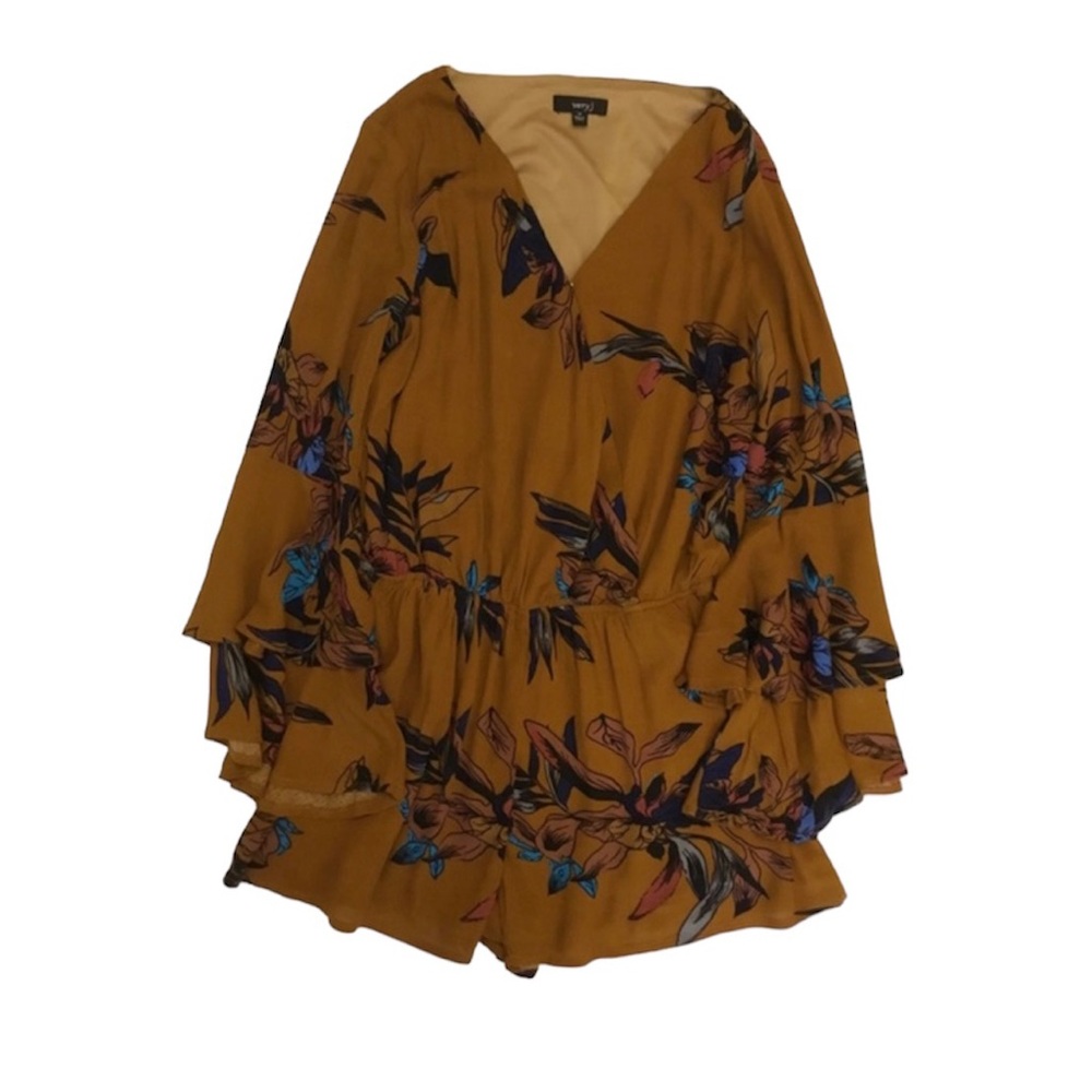 Very J - Mustard Crinkled Textured Floral Print Romper Sz M